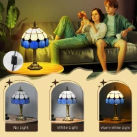 HOMCOM Handmade Stained Glass Table Lamp, Antique Bedside Lamp for Bedroom, Living room, Home, Nightstand, Decorative Night Light, Blue(m-5)