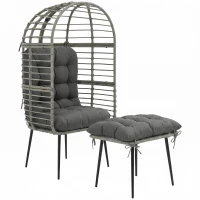 Outsunny Garden Egg Chair with Footstool, Rattan Indoor Outdoor Lounge Chair and Ottoman Set with Thick Cushions, Light Grey(m-1)