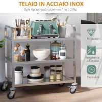 HOMCOM Carrello da Cucina 3 Ripiani Aperti 4 Ruote Omnidirezionali con 2 Freni Cuscinetti Anti-Collisione in Acciaio Inossidabile 430 Argento 90.5x50.5x88.2cm(m-7)