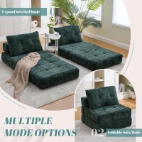 Cozy Convertible Floor Sofa Bed with Button-Tufted Detailing, Soft Chenille Folding Sleeper Couch for Living Room, 180L x 79W x 57H cm, Emerald(m-7)