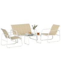 Outsunny Salon de Jardin 4 Pièces avec Canapé 2 Places, 2 Fauteuils et Table, en Acier Textilène Verre Trempé, 112x73x74 cm, Kaki(m-12)