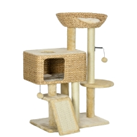 PawHut Kratzbaum Katzenbaum, 1 Katzenhöhle, 1 Katzbenbett, 1 Liegefläche, 1 Rampe, 60 cm x 40 cm x 98 cm, Natur + Beige