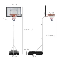 HOMCOM Canestro Basket per Adulti con Tabellone in PVC Regolabile 210-260cm Ruote Integrate Bianco(m-3)