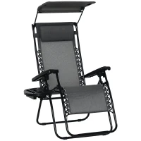 Outsunny Foldable Reclining Garden Chair with Headrest, Zero Gravity Deck Sun Lounger Seat with Footrest, Armrest, Cup Holder & Canopy Shade, Light Grey(m-11)