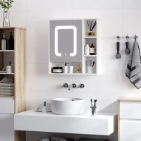 kleankin Armário com Espelho de Casa de Banho com Luz LED Porta 4 Prateleiras Abertas e Interruptor Tátil 60x15x65cm Branco(m-2)