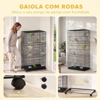 PawHut Gaiola Grande para Pássaros com Rodas, 6 Comedouros, Tabuleiro Amovível, Várias Portas, 3 Poleiros, 77x46,5x141 cm, Preta(m-6)