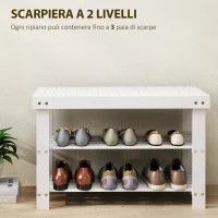 HOMCOM Panca Scarpiera Bassa in Bambù con 2 Ripiani a Doghe e Seduta, 70x28x45 cm, Bianco(m-4)
