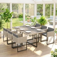 Outsunny 7 Piece Rattan Garden Furniture Set, Garden Dining Set with Wood-Plastic Table and 6 Stackable Chairs, Light Grey(m-26)