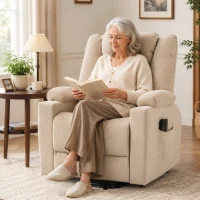 HOMCOM Sillón elevador eléctrico con masaje por vibración y función de calor, Sillón relax en terciopelo con acolchado de muelles, Blanco crema(m-6)