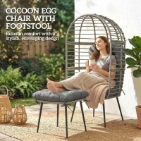Outsunny Garden Egg Chair with Footstool, Rattan Indoor Outdoor Lounge Chair and Ottoman Set with Thick Cushions, Light Grey(m-4)