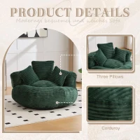 Plush Oversized Bean Bag Chair with High Back & 3 Pillows, Cozy Corduroy Floor Lounger Sofa for Living Room, 108L x 108W x 52H cm, Emerald(m-7)