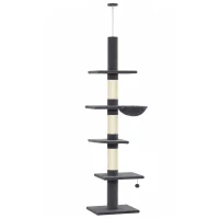 PawHut Drapak sufitowy 225–255 cm regulowany Drapak dla kota z 5 poziomami 3 słupkami z sizalu, hamak, platformy(m-1)