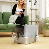PawHut Lettiera per Gatti Chiusa con Vassoio in Acciaio, Paletta e Filtri, 40.5x60.5x41.5 cm, Grigio e Argento(m-10)