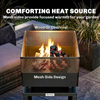 Outsunny Outdoor Fire Pit with Wood Storage Wood Burning Firepit with Mesh Sides 87 cm Black(m-6)
