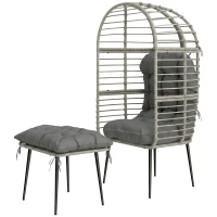 Outsunny Garden Egg Chair with Footstool, Rattan Indoor Outdoor Lounge Chair and Ottoman Set with Thick Cushions, Light Grey(m-15)