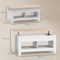 HOMCOM Mesa de Centro com Bancada Elevável 2 Compartimentos Abertos Bancada de Madeira 105x50x49 cm Branco e Madeira(m-3)