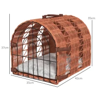 PawHut Transporttasche für Katze Hund aus Weide geflochten Korbhöhle mit Kissen Gitter für Transport Katzen Hunden Braun Metall 42 x 35 x 37 cm(m-3)