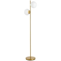 HOMCOM Lampă de Podea cu 2 Lumini și Abajururi Sferice, Comutator de Picior și Soclu E27, Ø28x165 cm, Aur(m-11)