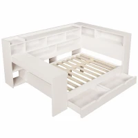 4ft6 Double Daybed with Built-In Desk and Storage Drawers, Modern Wooden Frame Sleeper Bed for Home Office, 263L x 159W x 100H cm, White(m-14)