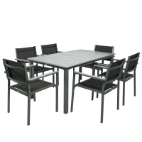 Outsunny Garden Dining Set with Acacia Wood Table Top, Outdoor Table and Stackable Chairs Set for 6 with Texteline Seat, Grey(m-1)
