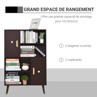 HOMCOM Bibliothèque scandinave 4 niches + 2 placards avec étagère dim. 80L x 24l x 123H cm Pieds effilés inclinés Bois Massif Panneaux Particules wengé(m-5)