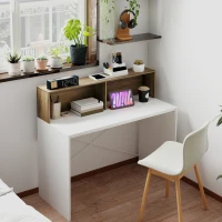 HOMCOM Birou PC Modern cu Blat Înălțat și 2 Rafturi, din PAL, 110x50x102,6 cm, Alb, Maro și Nuc(m-2)