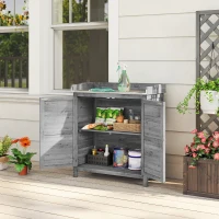 Outsunny Gartenschrank mit Pflanztisch, Holz Geräteschuppen mit verzinkter Arbeitsplatte 2 Regalböden Grau(m-10)