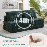 Cozy Convertible Floor Sofa Bed with Button-Tufted Detailing, Soft Chenille Folding Sleeper Couch for Living Room, 180L x 79W x 57H cm, Emerald(m-6)