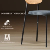 HOMCOM Lot de 2 chaises de salle à manger avec pieds en acier, dossier incurvé et assise rembourrée, gris et effet bois naturel(m-6)