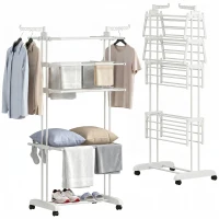 HOMCOM Séchoir à linge pliable 4 niveaux avec roulettes, étendoir linge intérieur avec ailes latérales, cadre en acier, blanc(m-16)