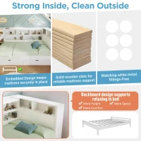 4ft6 Double Daybed with Built-In Desk and Storage Drawers, Modern Wooden Frame Sleeper Bed for Home Office, 263L x 159W x 100H cm, White(m-5)