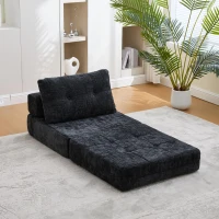 Cozy Convertible Floor Sofa Bed with Button-Tufted Detailing, Soft Chenille Folding Sleeper Couch for Living Room, 180L x 79W x 57H cm, Black(m-9)