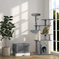 PawHut Arranhador para Gatos com Poste de Arranhar de Sisal Cama Caverna Plataformas e Bolas Suspensas 49x49x144 cm Cinza(m-9)