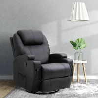 HOMCOM Fauteuil de massage inclinable, bascule et pivotant à 360°, fauteuil de relaxation, dossier et repose-pieds réglable manuellement, télécommande, porte-gobelets et poches latérales, noir(m-2)