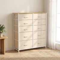 HOMCOM Cómoda 10 Gavetas em Tecido Móvel de Armazenamento com 4 Bolsos 2 Ganchos Estrutura em Aço 80x30x94,5 cm Bege(m-2)