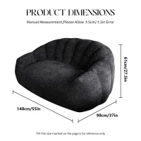 Plush 2-Seater Bean Bag Sofa with High Density Sponge, Cosy Lazy Couch for Gaming Room and Pet-Playing Room, 140L x 98W x 61H cm, Black(m-3)