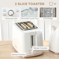 HOMCOM 1.7L 3000W Fast Boil Kettle & 2 Slice Toaster Set, Kettle and Toaster Set with Auto Shut Off, Browning Controls, White(m-5)