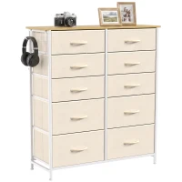 HOMCOM 10-Drawer Fabric Chest, Storage Unit with 4 Pockets, 2 Hooks, Steel Frame, 80 x 30 x 94.5 cm, Beige(m-9)