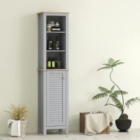 kleankin Bathroom Floor Storage Cabinet with 3 Tier Shelf and Cupboard with Door, Free Standing Linen Tower, Tall Slim Side Organizer Shelves, Grey(m-7)