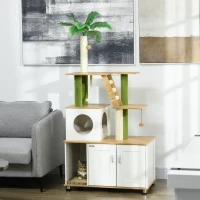 PawHut Kratzbaum Katzenbaum, inkl. Schrank, 1 Katzenhöhle, 80 x 48 x 160cm, 1 Leiter, Eiche + Weiß(m-10)