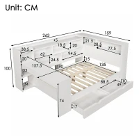 4ft6 Double Daybed with Built-In Desk and Storage Drawers, Modern Wooden Frame Sleeper Bed for Home Office, 263L x 159W x 100H cm, White(m-3)