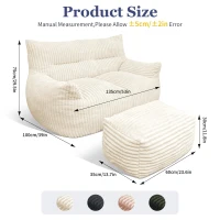 Oversized 2-Seater Corduroy Sofa with Ottoman, Comfortable Couch for Couples and Family, 100L x 135W x 75H cm, White(m-3)