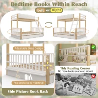 Playful Wooden Bunk Bed Frame with Storage Drawers, Solid Pine Twin Over Full Sleeper Bed for Kids Room, 195L x 140W x 154H cm, Natural+White(m-5)