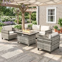 Outsunny 5-Piece Rattan Patio Furniture Set with Gas Fire Pit Table, Loveseat Sofa, Armchairs, Cushions, Pillows, Grey(m-10)
