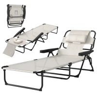 Outsunny Chaise longue de jardin pliante dossier réglable sur 4 niveaux, trou de lecture et appui-tête 72 x 194 x 89 cm crème(m-17)