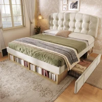 Upholstered Double Bed Frame with Button-Tufted Headboard, Soft Velvet Platform Bed for Bedroom, 197L x 146W x 120H cm, Beige(m-7)