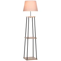 HOMCOM Lampadaire design contemporain dim. 40L x 40l x 160H cm 40 W max. 3 étagères intégrées bois massif pin métal noir lin beige(m-12)