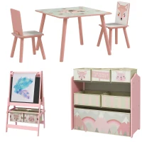 Table et 2 chaises pour enfants + tableau chevalet double-face + meuble à jouets de rangement à 6 boîtes, rose(m-12)