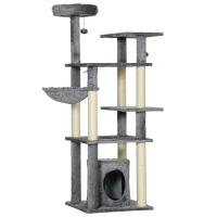 PawHut Arranhador para Gatos com Poste de Arranhar de Sisal Cama Caverna Plataformas e Bolas Suspensas 49x49x144 cm Cinza(m-1)