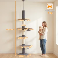 PawHut Copac pentru pisici până la tavan, înălțime reglabilă 225-255 cm, 5 etaje, 3 stâlpi din sisal, hamac, platforme(m-3)